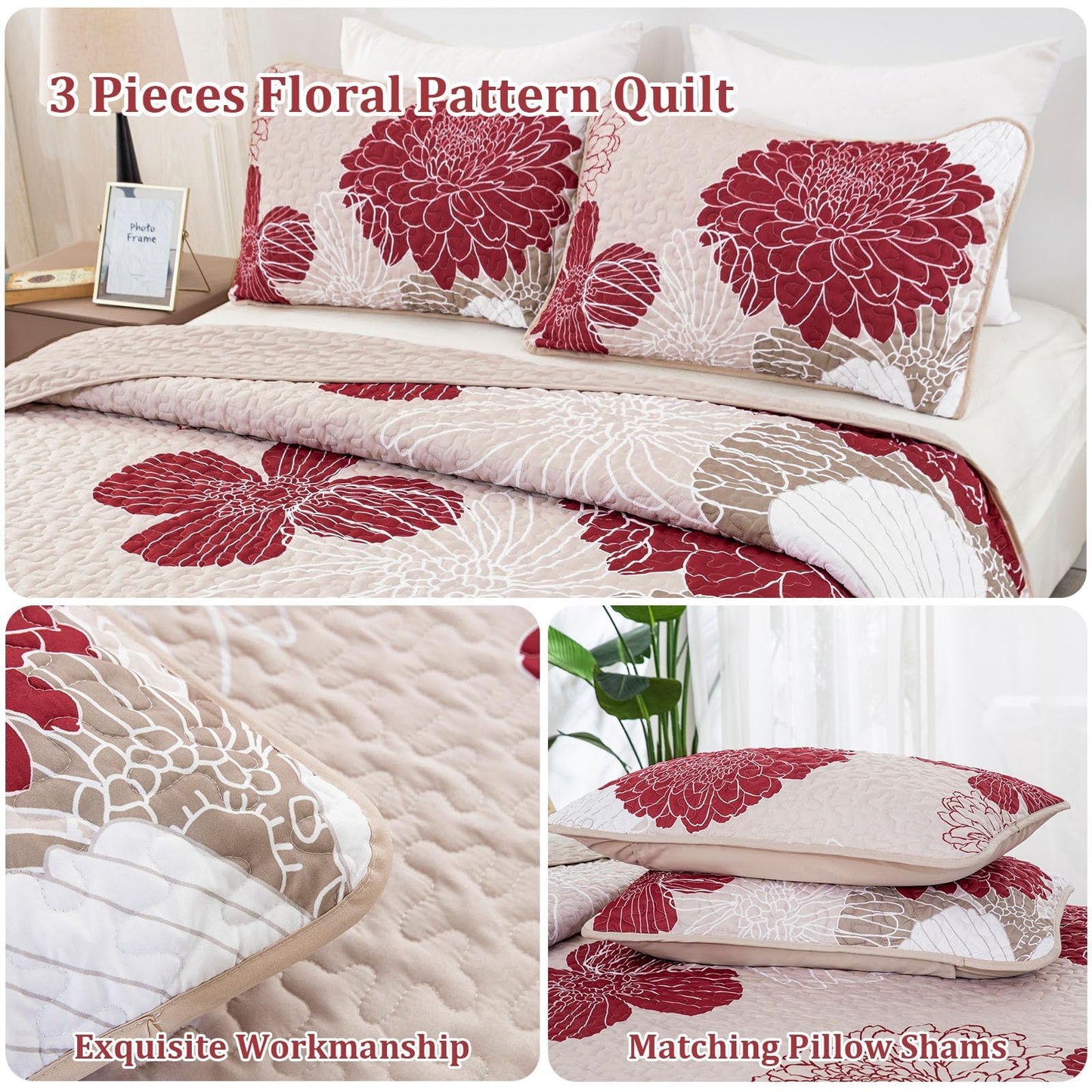 Red Floral Quilt Set Queen Size - 3 Piece Red Flower Pattern Bedspreads, Reversible Lightweight Microfiber Burgundy Quilts Bedding Set with 2 Pillowcases, All Season Quilted Coverlet Set (96''x90'')
