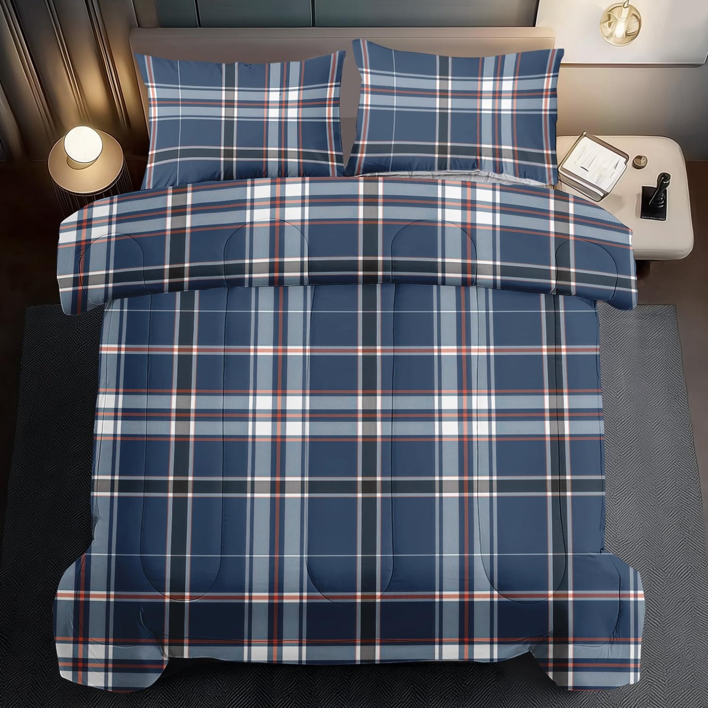 llyxsesty Blue Grid Comforter Set Queen Teens Plaid Design Bedding Set for Boys Gingham Comforter Queen Girls Quilt Plaid Bedroom Decor Grid Checkered Bedding Bed Decor