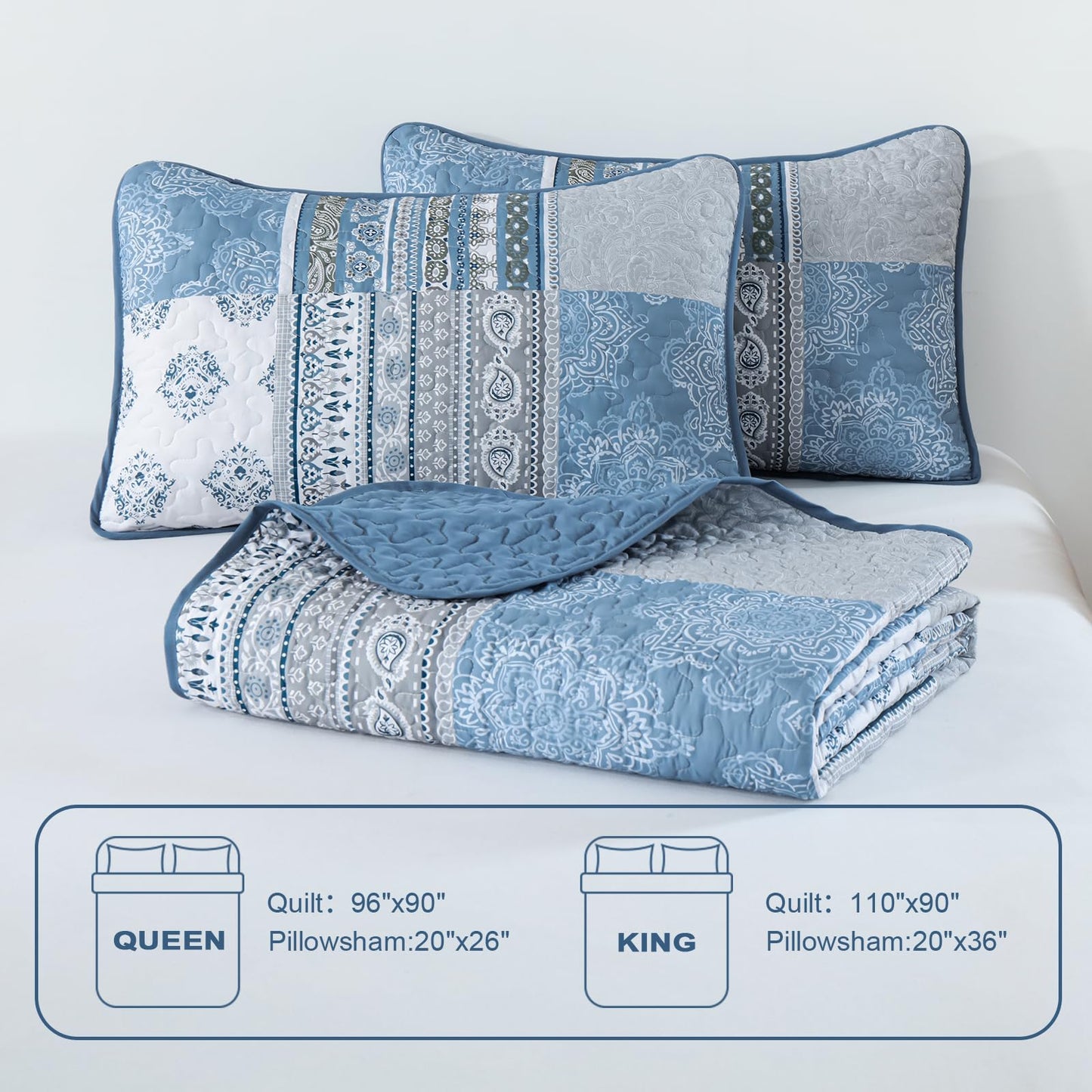 Dintszyayue Boho Quilt Set Queen Size Patchwork Bedspread Coverlets, Blue/Gray Bohemian Plaid Quilt Bedding Set Soft Microfiber Summer Bedding Bedspread Set, 96''x90''