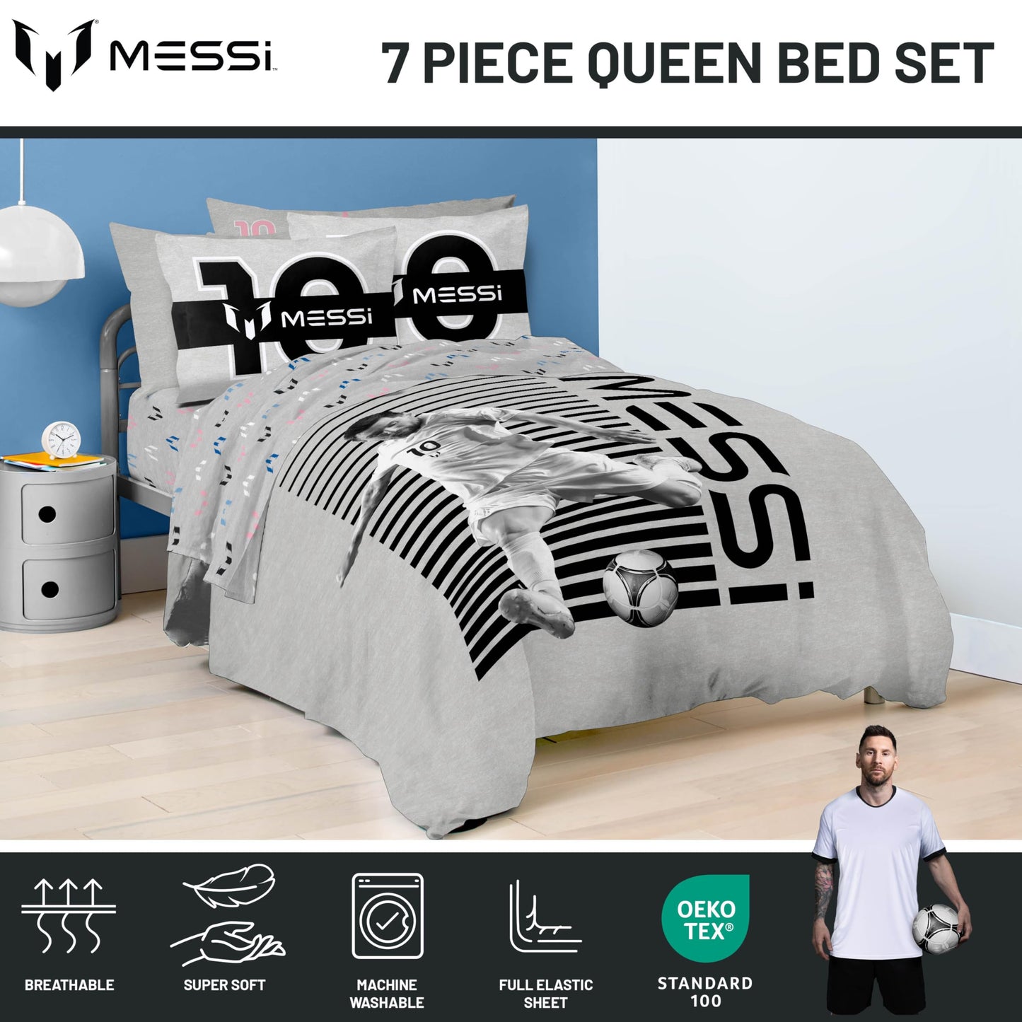 Jay Franco Kids Comforter Set Includes Sheets and Pillow Cover - Soft and Cozy Bed Set for Stylish Room Décor, Grey - Messi, 7 Piece Queen
