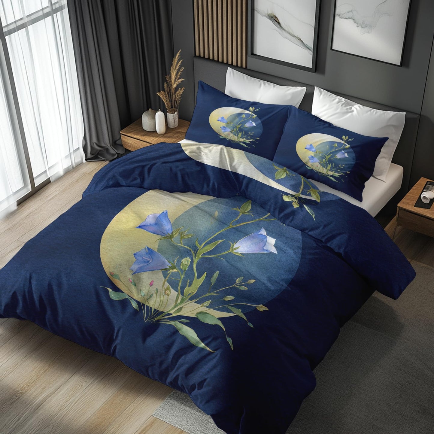 Aesthetic Flower Full Duvet Cover Set 3 Piece, Blue Floral Moon Reversible Bedding with 2 Pillow Shams, Zipper & Ties, Ultra Soft Microfiber, Flower Bedroom Decorations 74A-R