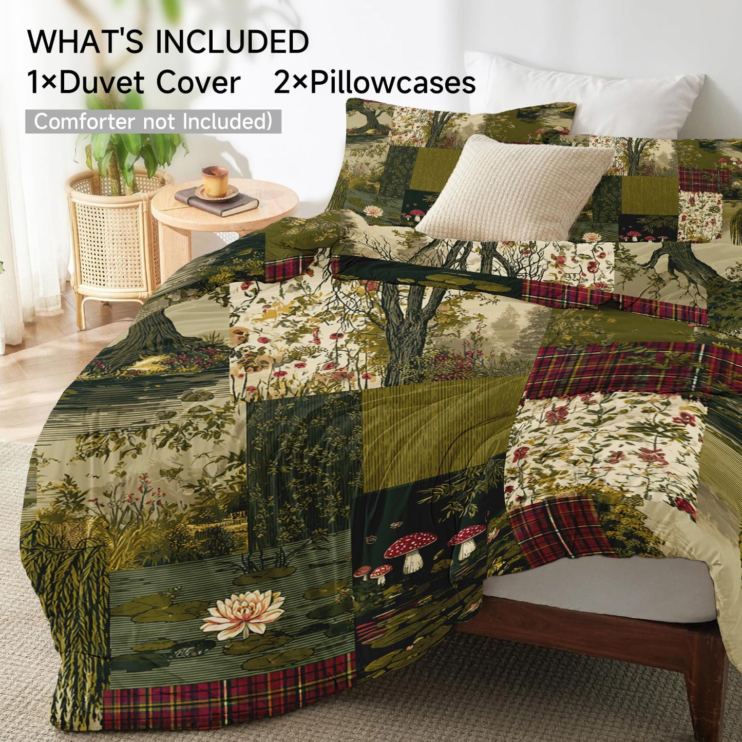 Botanical Patchwork Duvet Cover King Size Spring Floral Bedding, Green Red Rustic Comforter Cover Set Microfiber 3pcs Washed Comfy Breathable with 2 Pillow Shams & Zipper Closure, 104"x90"