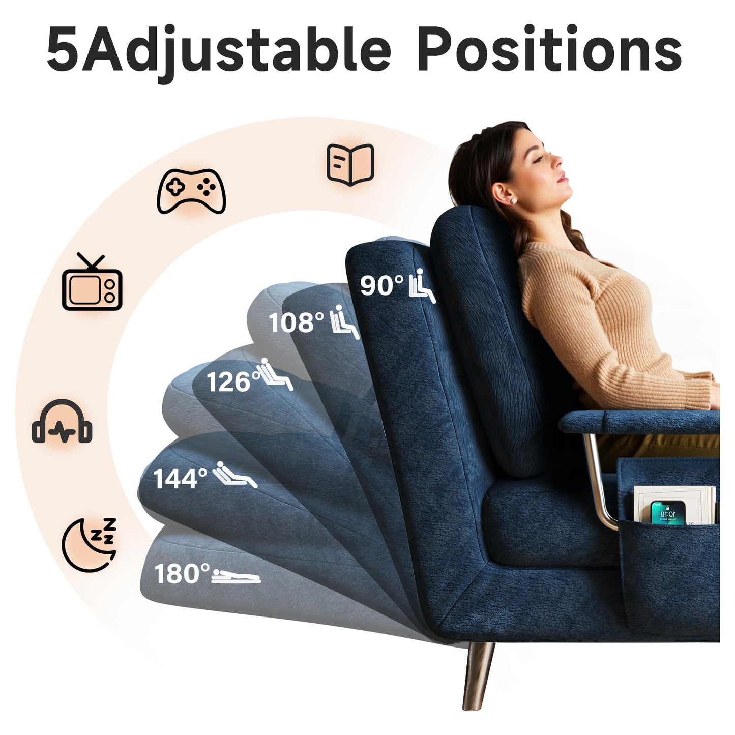Vakdle 5-in-1 Chenille Convertible Sofa Bed with 5-Position Adjustable Backrest Sleeper Sofa Chair with Armrest Storage Pocket Mid-Century Style Sleeper Chair for Living Room