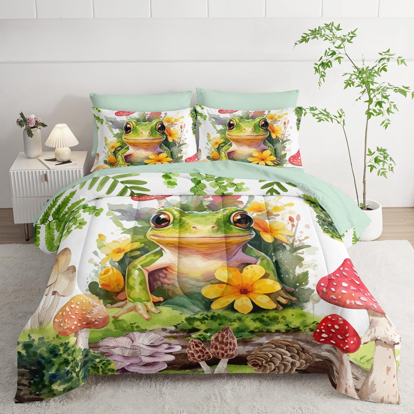AILONEN Green Frog Comforter Set Twin 7-Piece Bed in a Bag,Tropical Amphibian Tree Frog Bedding Set for Kids Boys Girls,Soft Comforter & Fitted Sheet with Flat Sheet,2 Pillowcases,2 Pillow Shams