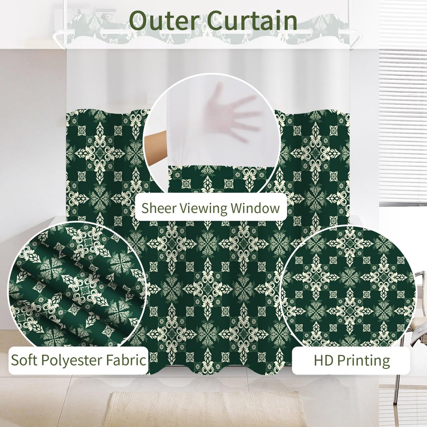 NAEMBCU Green Damask No Hook Shower Curtain with Snap in Liner Set 71x74in