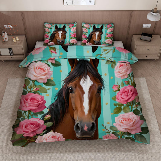 3D Horse Duvet Cover King Size 104x90in Soft Breathable Microfiber Flower Bedding Set Zipper Closure Reversible Comforter Cover 3 Pieces with 2 Pillow Shams (WJT 23-8)