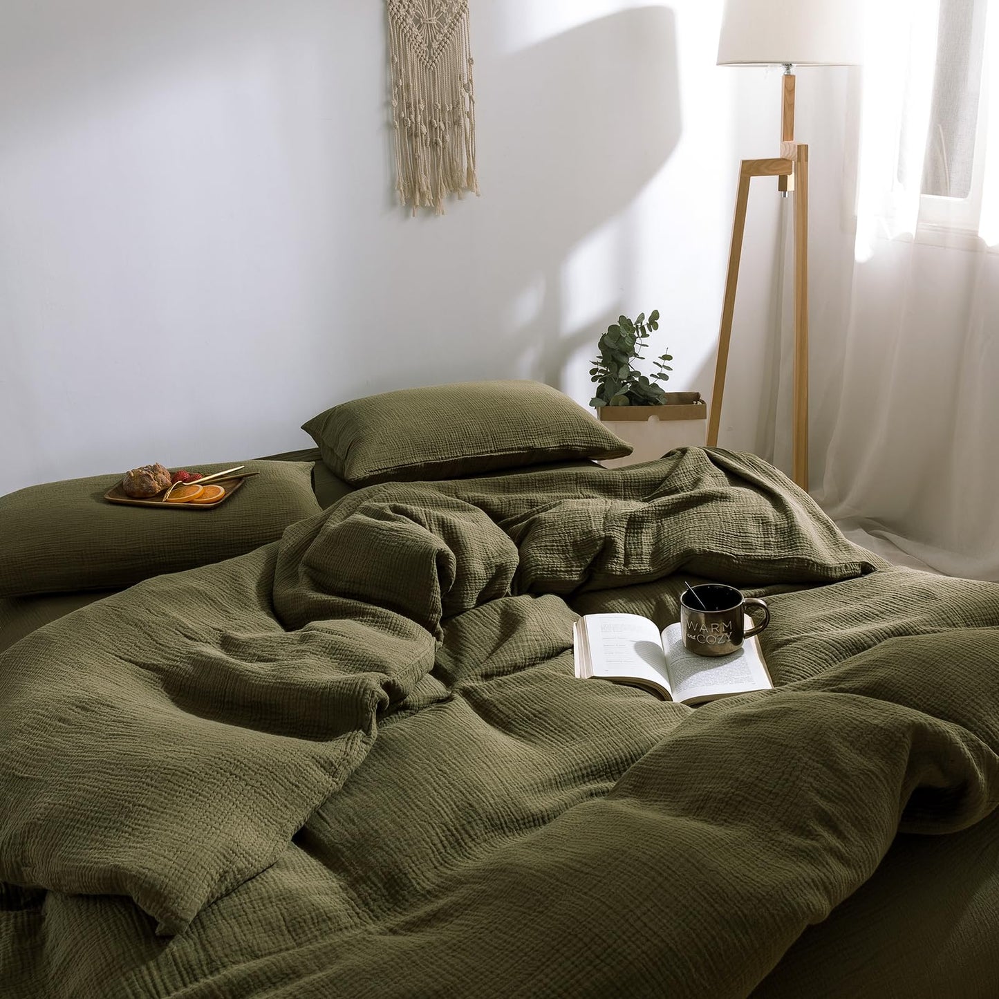 VM VOUGEMARKET Olive Green Duvet Cover Queen Size - 3 Pieces Muslin Cotton 3-Layer Guaze Textured Bedding Set, Includes 1 Duvet Cover 90x90 Inches with Zipper Closure & 2 Pillowcases