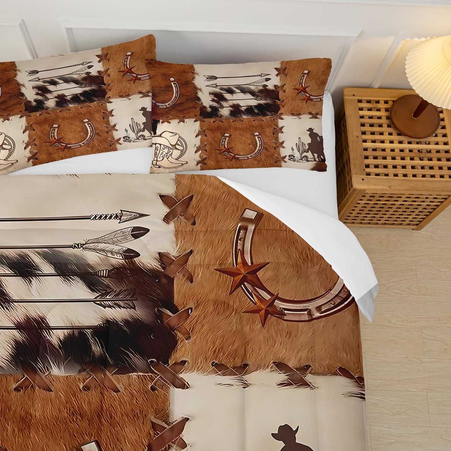 lneffble Western Comforter Set Twin,Cow Print Comforter Set for Boys,Retro Cowhide Animals Skin Brown Bedding Set,Western Cowboy Bedding Set, Cowboy Boot and Arrow Pattern Quilt Set