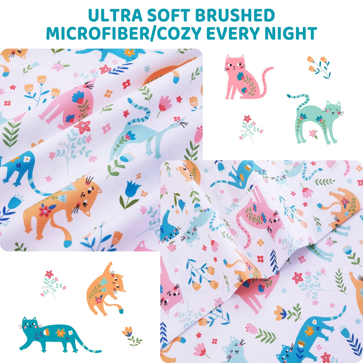 Viviland 3 Pieces Girls Pink Cat Twin Sheet Set - Soft Microfiber Fitted Flat Sheets & Pillowcase - Kids Colorful Floral Leaf Print Bedding Sets - for Kids & Toddlers
