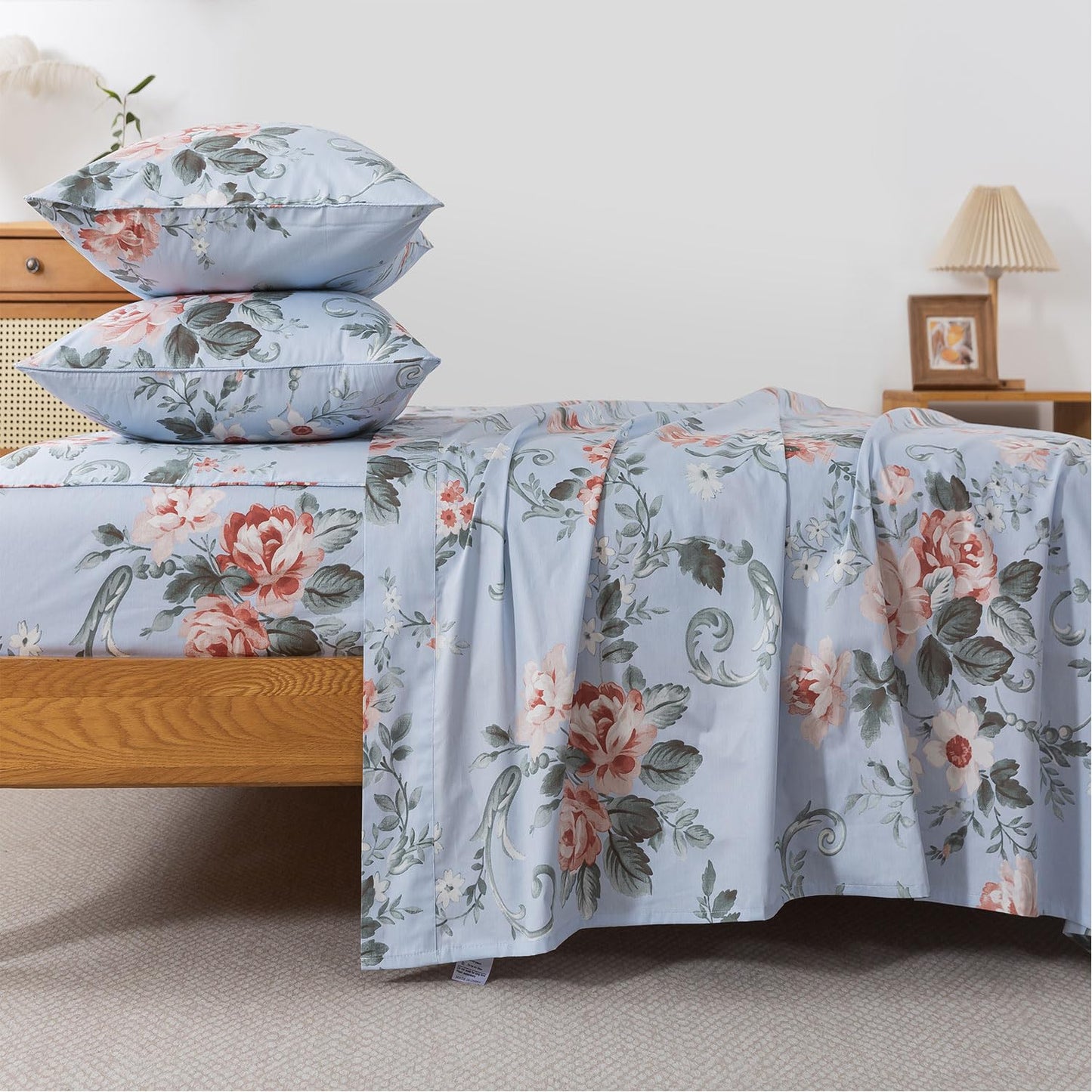 FADFAY Queen Sheets Set Percale Cotton Floral Bed Sheets Deep Pocket Fitted Sheet, Luxury Pink Roses and White Small Flowers Pattern Shabby Vintage Countryside Style Bedding,4Pcs