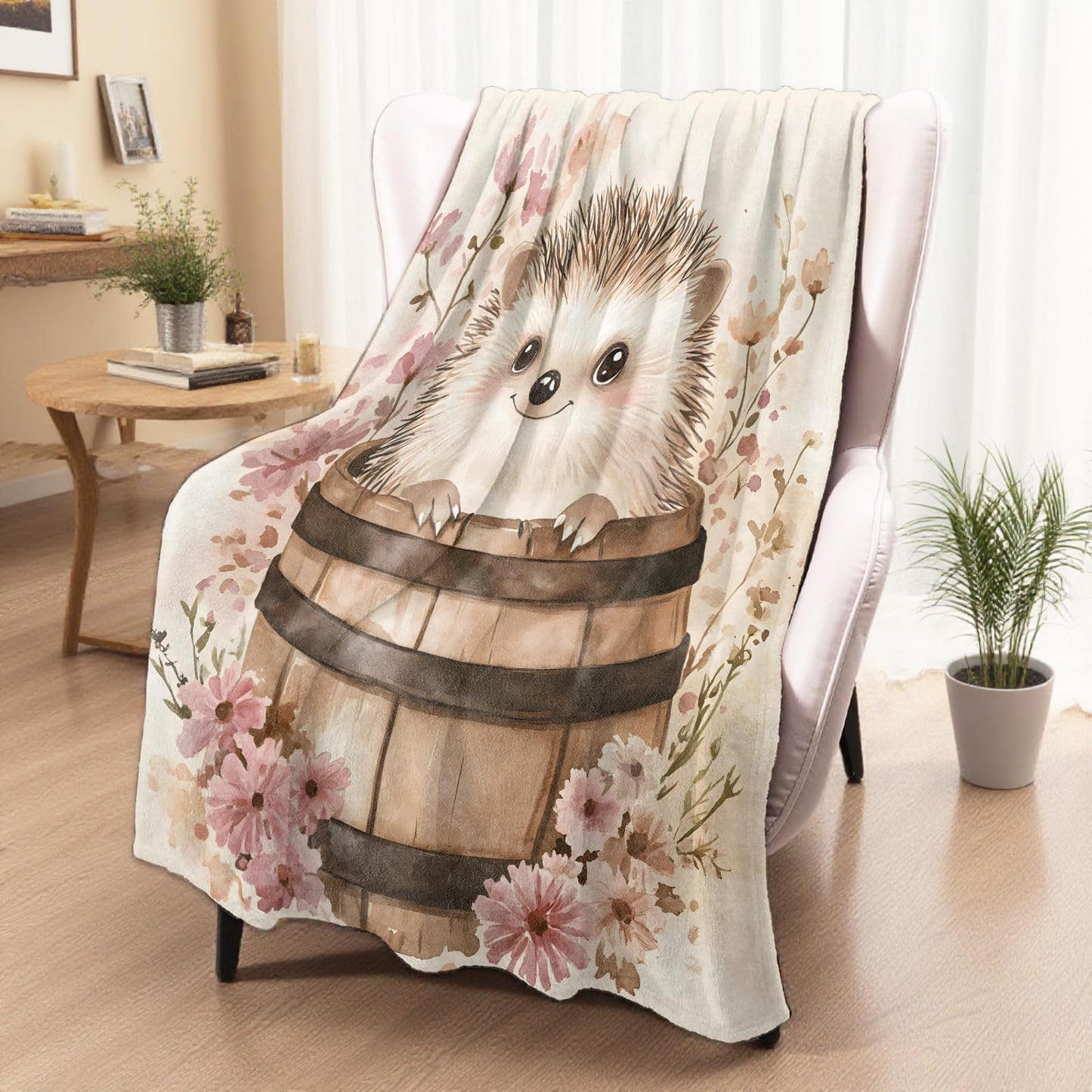 xmwjfd Rustic Cute Hedgehog Blanket, Cozy Wooden Tub and Pink Flower Throw Blanket for Couch Bedroom Outdoor, Lightweight Soft Flannel Travel Blankets, Gifts for Women Girls Kids, Home Decor 50"×60"