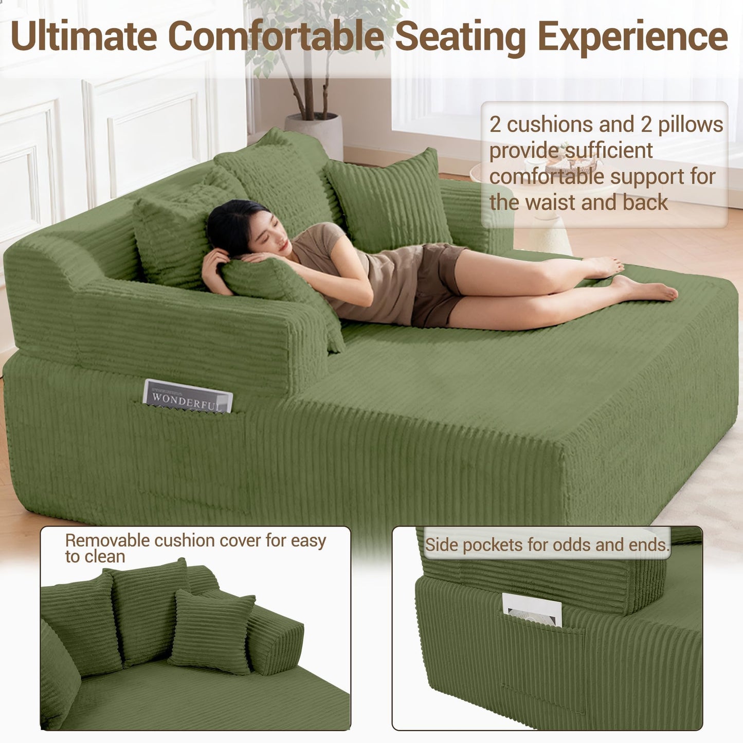WiNVO 58" Oversized Boneless Chaise Chair, Green