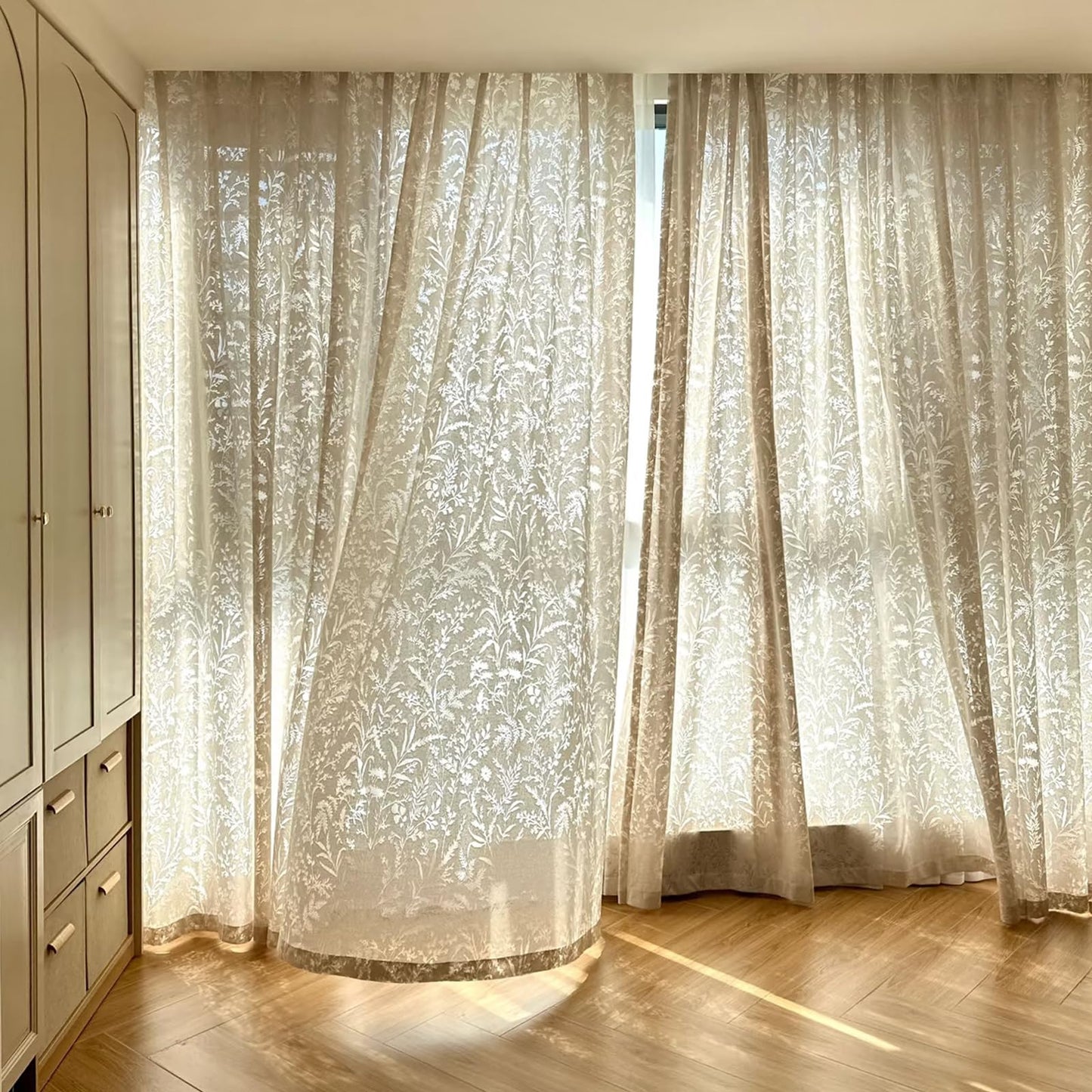 LANTIME Natural Off White Pinch Pleated Lace Sheer Curtains 84 Inch Long for Bedroom Living Room, Soft Thick Textured Window Drapes Light Filtering Semi Curtains, 52" W x 84" L, Set of 2