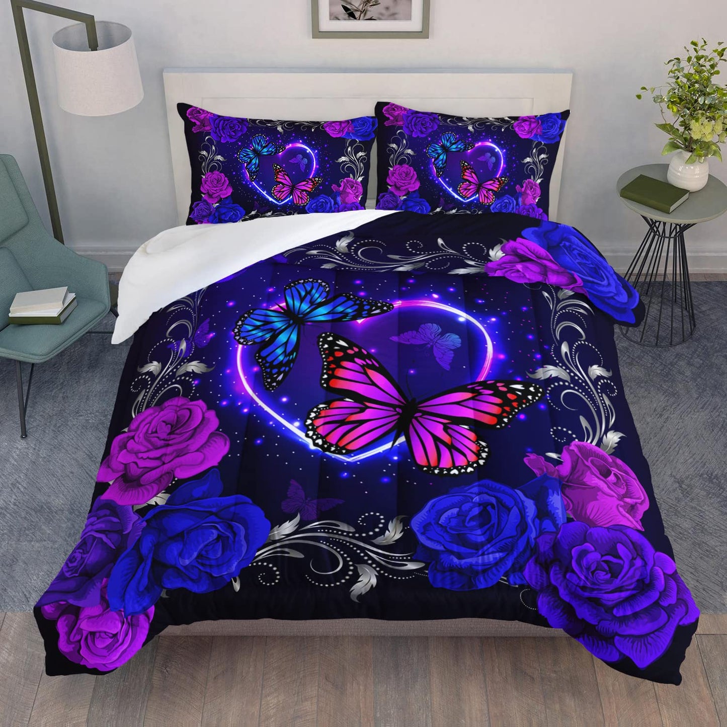 AILONEN Butterfly Comforter Set Queen Size, Blue Purple Flowers Print Bedding Set for Kids Girls Women,Aesthetics Butterflies Pattern Soft Lightweight Duvet Set 3 Pieces(1 Comforter + 2 Pillowcases)
