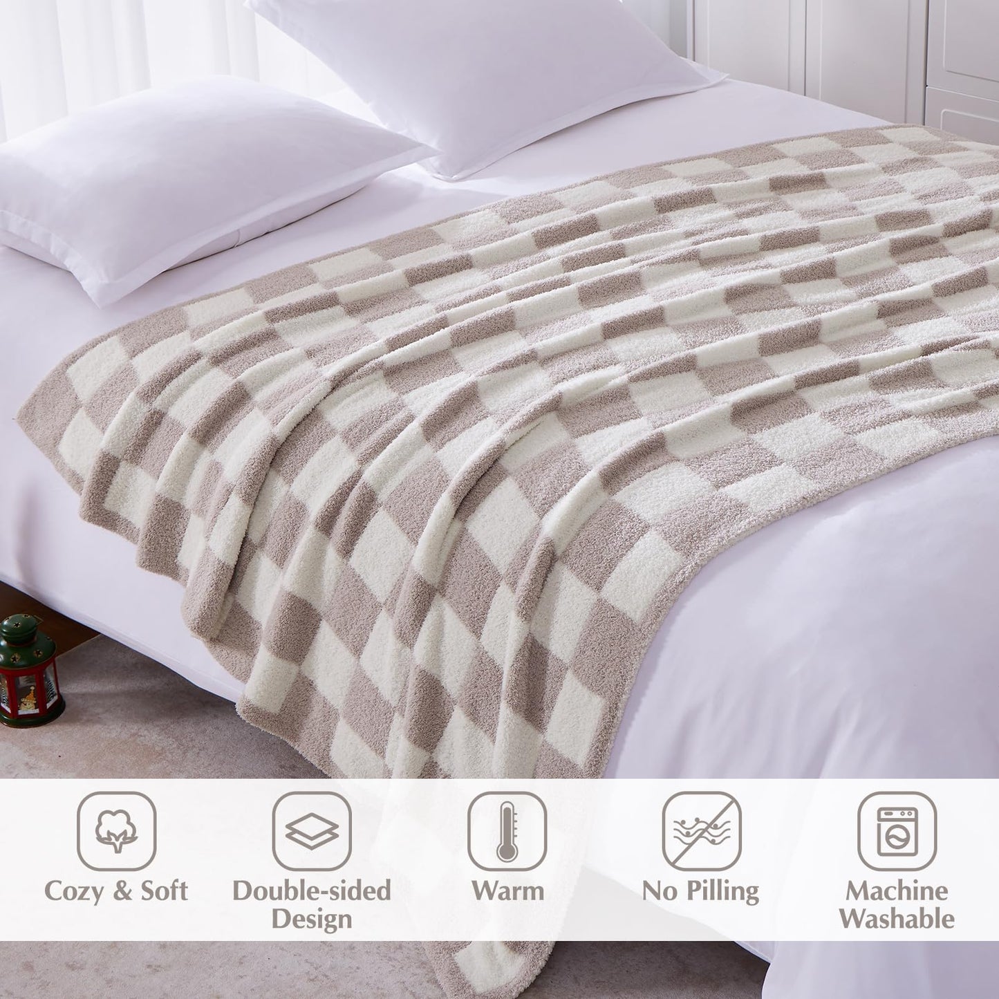 WRENSONGE Checkered Throw Blanket, Taupe Microfiber Soft Cozy Fluffy Warm Hand Made Throw Blankets for Couch, Sofa, Chair, Bed, Camping, Picnic, Travel Lightweight Bed Blanket - 50"*70"