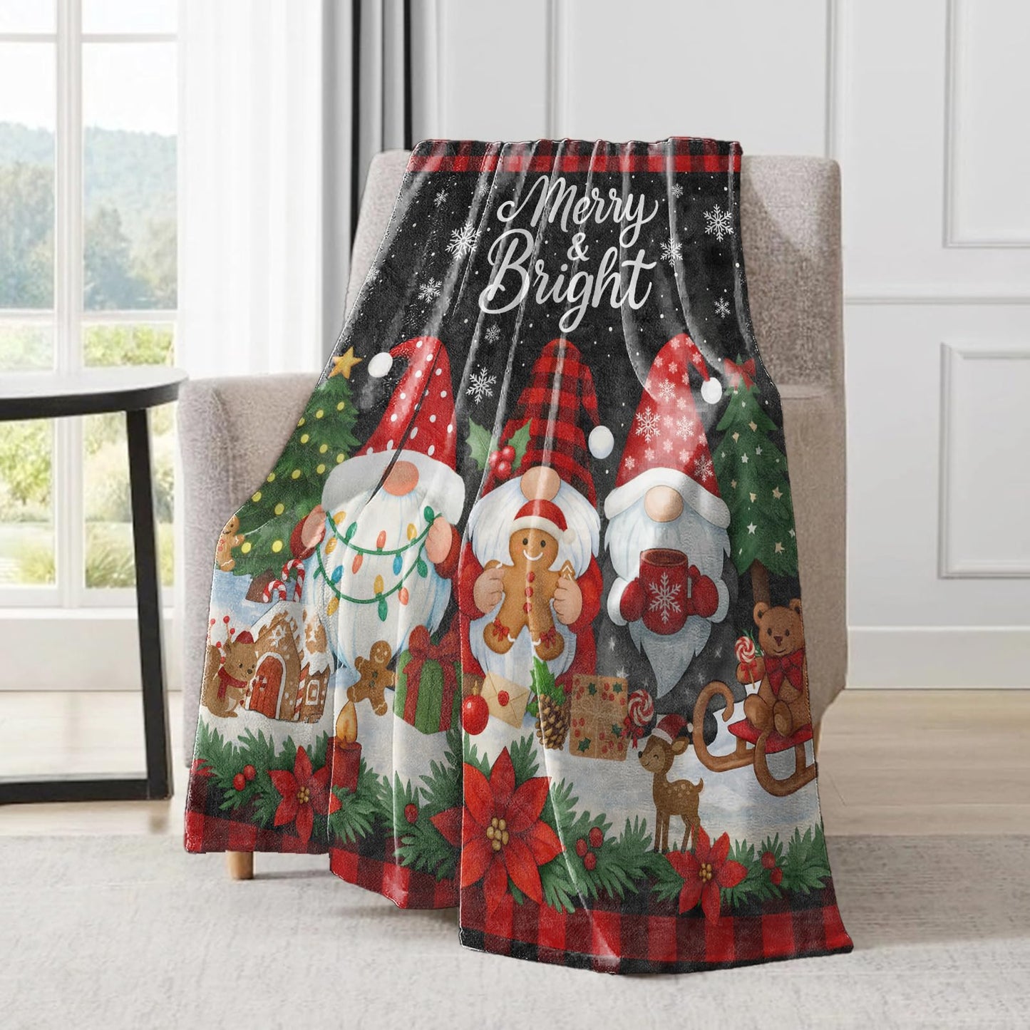 ainori Gnome Christmas Decorative Throw Blanket, Merry Bright Red Black Plaid Gingerbread Print Decoration, Flannel Winter Blankets for Couch Sofa, Holiday Home Decor, Xmas Festival Gifts 50x60 Inch
