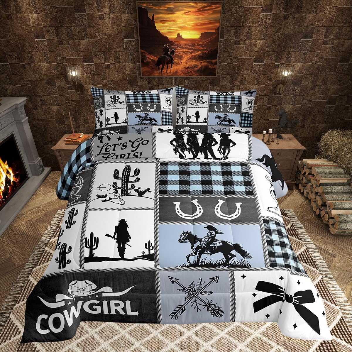 Western Cowgirl Girly Comforter Set Queen Size,Cactus Horseshoe Cow Skull Bow Bedding Set,Girls Women Room Decor,Cowgirl Boot Geometric Plaids Down Comforter,Blue Rustic Duvet Insert,2 Pillowcases