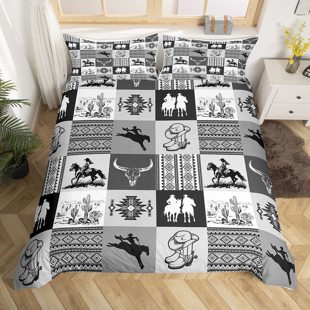 Southwestern Bedding Sets,Cowboy Duvet Cover Set 3Pcs for Boys Girls Adult Room Decor,Aztec Boho Tribal Striped Comforter Cover Bull Skull Cowboy Boots Print Black Grey Grid Quilt Cover King Size