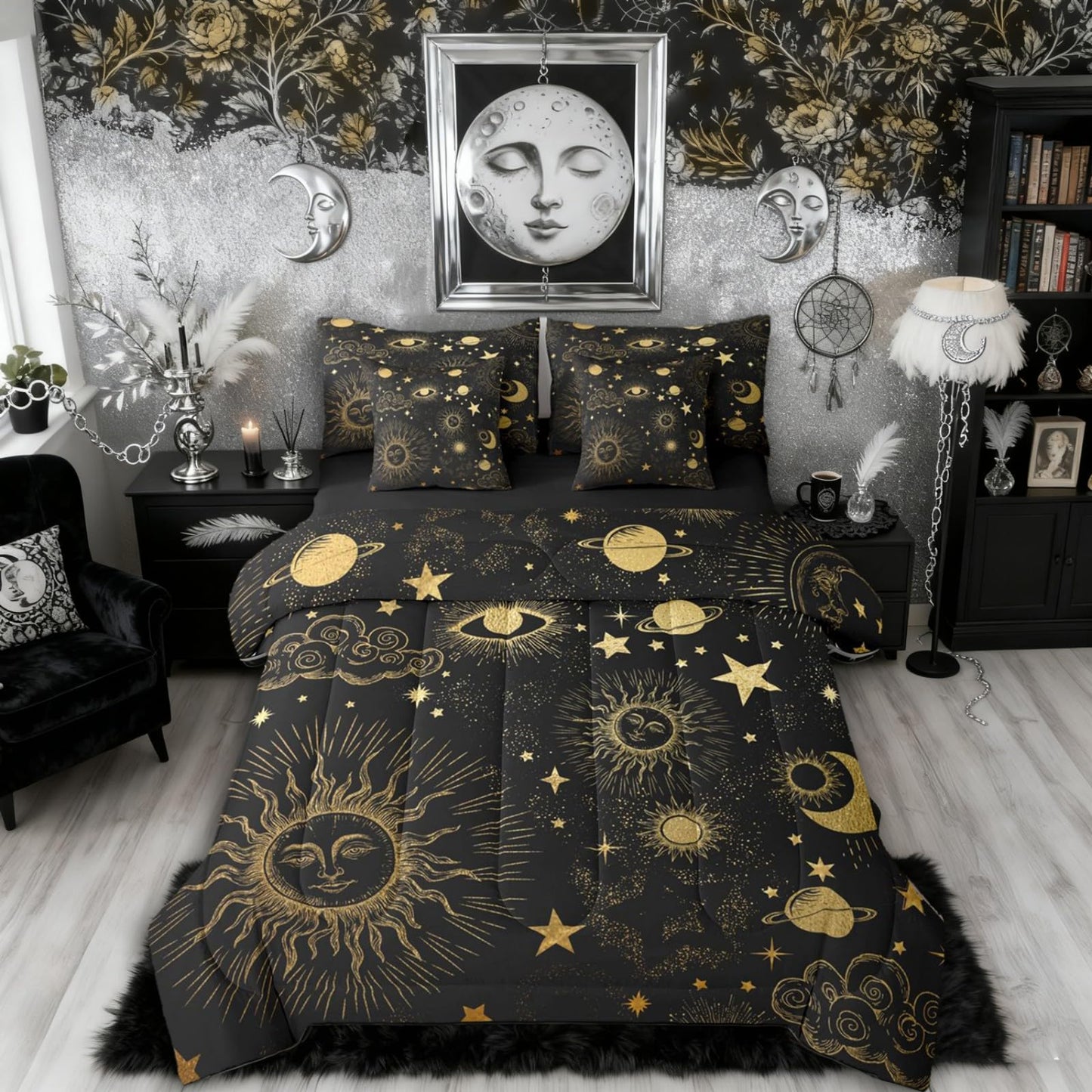 Erosebridal Sun and Moon Queen Comforter Set with Sheets | Starry Sky Series Stars 7-Piece Bedding Set Bohemian Bed in a Bag, Gold Sun Face Pattern Galaxy Cosmic Planets Bed Sets
