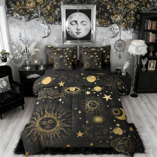 Erosebridal Sun and Moon Queen Comforter Set with Sheets | Starry Sky Series Stars 7-Piece Bedding Set Bohemian Bed in a Bag, Gold Sun Face Pattern Galaxy Cosmic Planets Bed Sets