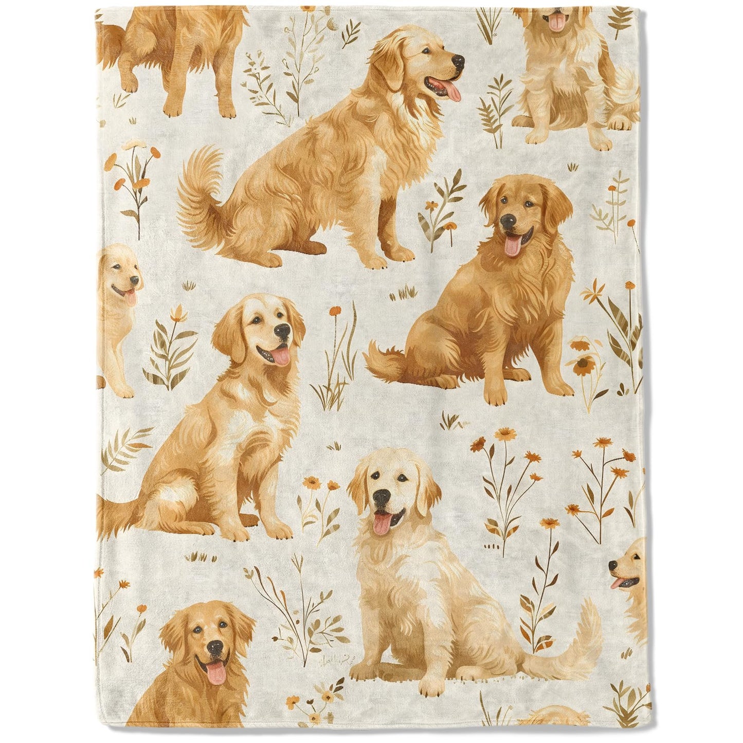 ainori Golden Retriever Flannel Blanket - Lightweight Soft Cozy Gifts Blankets for Dog Lovers, Kids, Women,Cute Floral Art Style Throw,Elegant Home Room Modern Retro Decor 50x60in