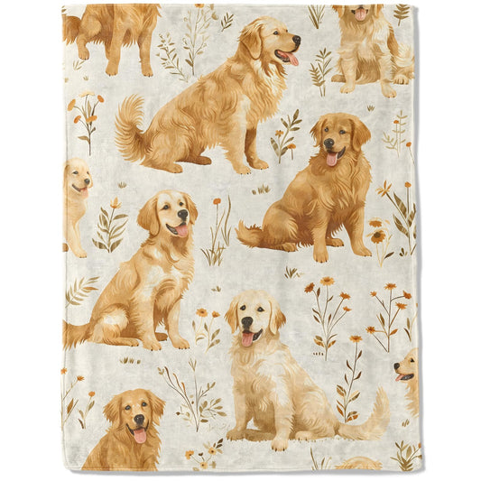 ainori Golden Retriever Flannel Blanket - Lightweight Soft Cozy Gifts Blankets for Dog Lovers, Kids, Women,Cute Floral Art Style Throw,Elegant Home Room Modern Retro Decor 50x60in