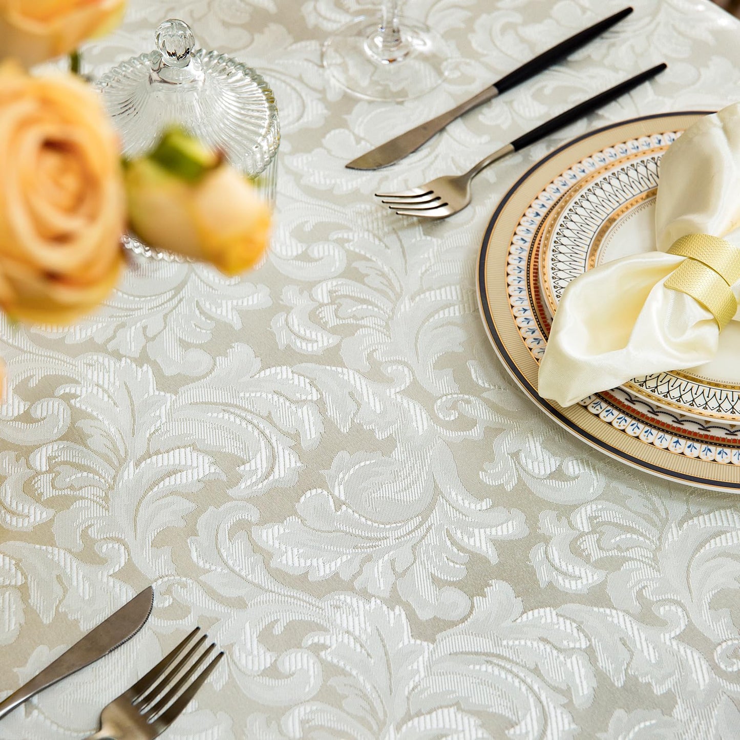 GLORY SEASON Emboss Style Textured Tablecloth Waterproof Solid Bordered Retro Tablecloths Classic Luxurious Washable Rectangle/Oblong Table Cloth,Kitchen Dinning Decor 60x84 Inch