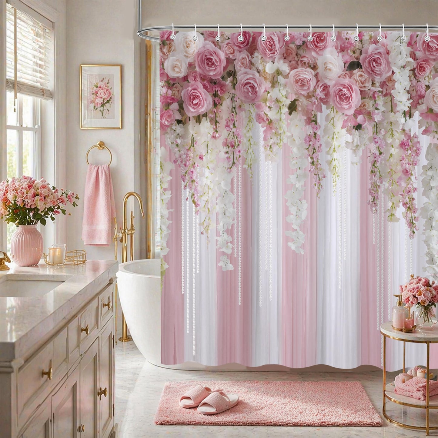 iTapnoom Pink Rose Shower Curtain 72x72 Inch, Romantic Floral Bathroom Curtain with Hanging Flower Garland Design Waterproof Fabric Bath Curtain Set with 12 Hooks for Home Decor