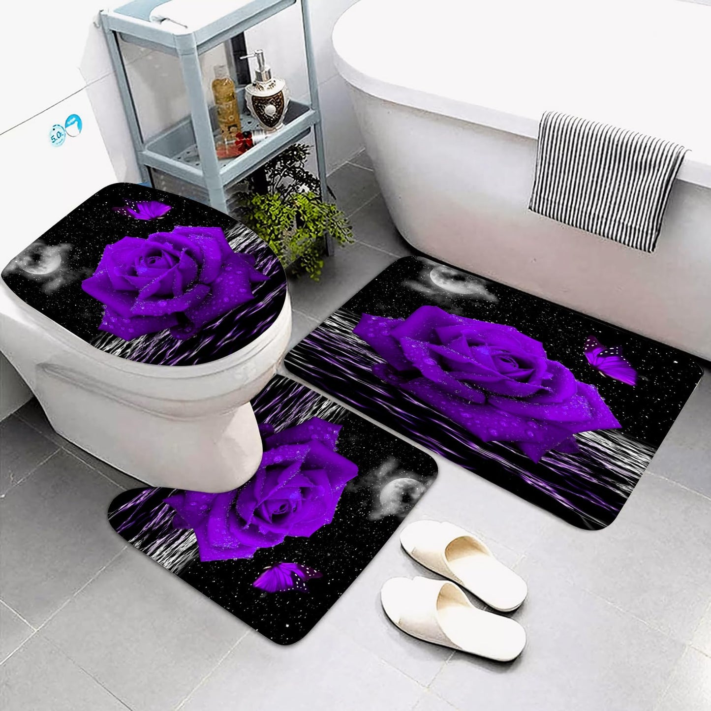 ALEXEX 4 PCS Purple Rose Shower Curtain Sets,Black Sky Bathroom Set with Shower Curtain and Rugs and Accessories,Lunar Ocean Raindrop Shower Curtain Bathroom Decor with 12 Hooks,72 X 72 Inches