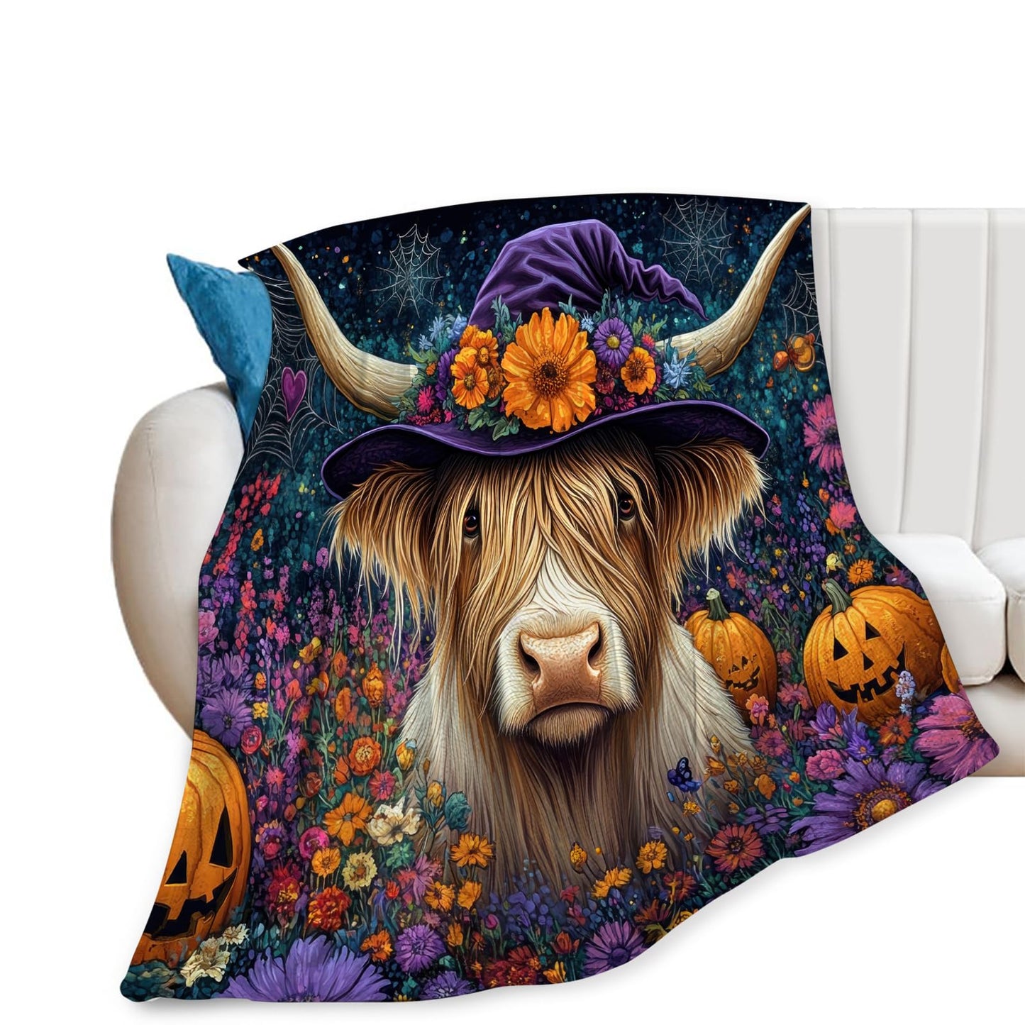 Tijuboni Halloween Highland Cow Pumpkin Throw Blanket for Girls Boys Women Men Kids Adults Soft Flannel Fleece Blanket for Couch Sofa Bed Home Decor 40"x50"