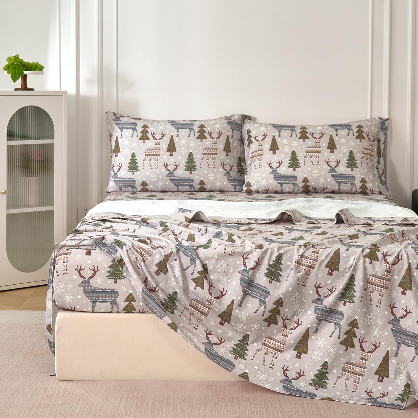 Zusbest Grey Sheets Queen 100% Brushed Cotton Flannel-Like Green Tree Deer Printed Bed Sheets Set with Deep Pocket 17.5‘’ Heavyweight 4PC, Button Pillowcases Extra Soft Breathable