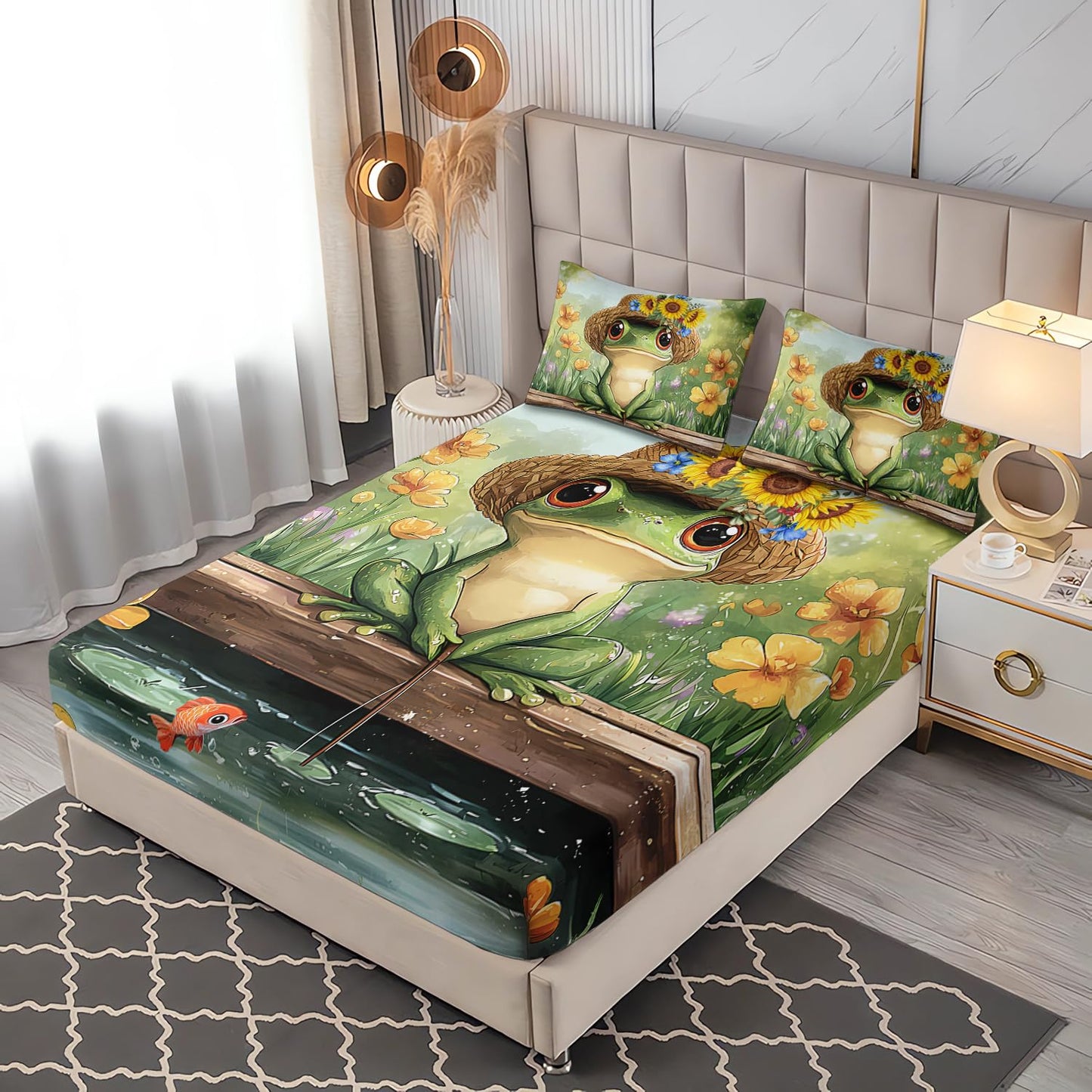 UEVBF Frog Bedding Set Full Size,Pond Grass Flowers Pattern Fitted Sheet for Kids Girls Boys Bedroom Decor,Green Nature Insect Themed Bedding Sets,1 Fitted Sheet+2 Pillowcases.