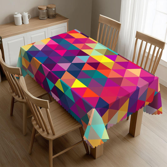 DRAVVIX Colored Triangles Rectangular Tablecloth Mosaic Pattern Table Cloth with Wavy Lace Decoration Polyester Table Cover for Dining, Parties 54x72 inch