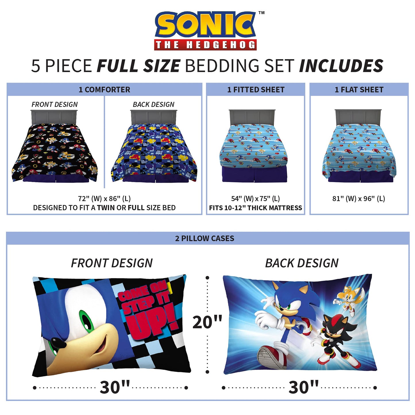 Franco Kids Bedding Super Soft Comforter and Sheet Set, 5 Piece Full Size, Sonic the Hedgehog