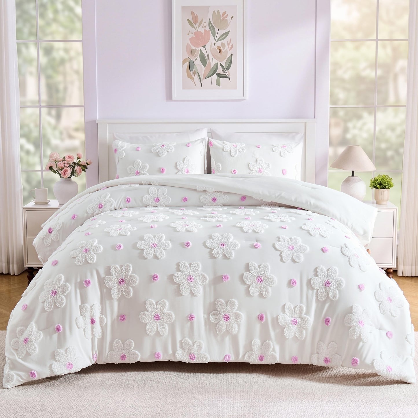 CotComf Twin Comforter Set for Girls 2 Pieces Tufted Daisies Flowers Soft Pink Floral Twin Size Bedding Set Bed in A Bag Cute Comforter Set for Kids, Lightweight Bed Set for Kids Teen Girls Women