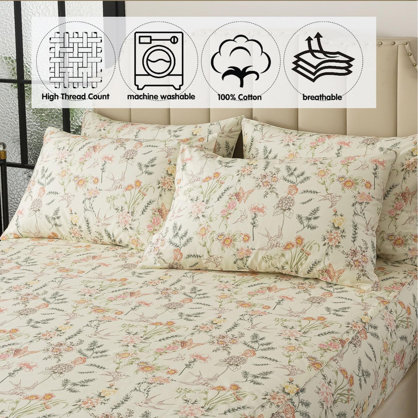 FADFAY Queen Size Sheets Set – 4 Pieces 100% Cotton Deep Pocket Fitted Sheet, Crisp, Breathable & Soft, Country Style Floral & Butterfly Pattern for All Seasons
