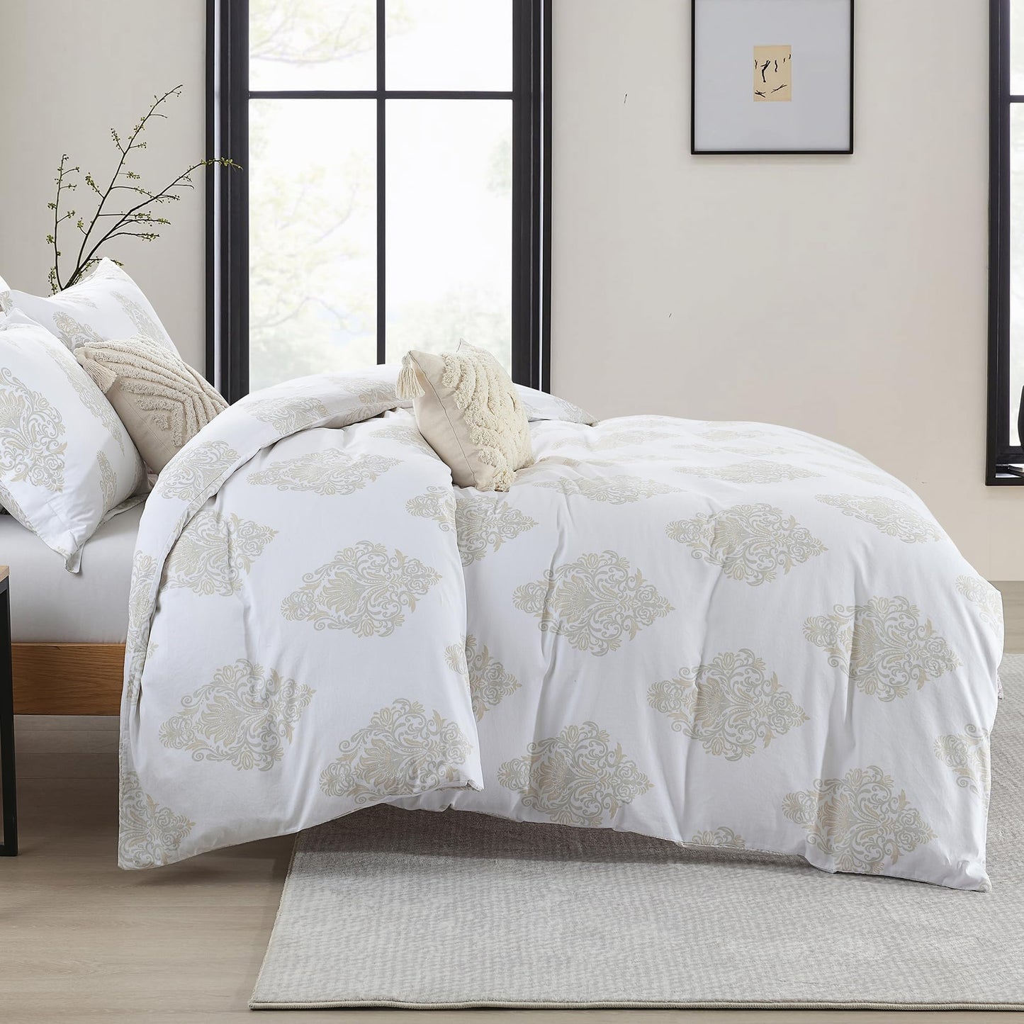 VOOVY Damask Duvet Cover King - 100% Cotton Duvet Cover Set, 3 Pieces Medallion Bedding Duvet Covers with Zipper Closure & 8 Corner Ties for All Season, 104"x90", No Comforter
