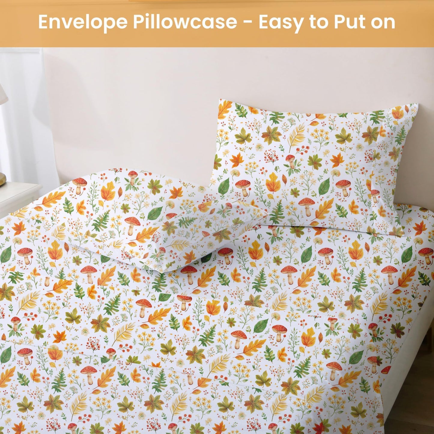 Softan Orange Floral Full Size Sheet Set, Printed Microfiber Fitted Sheet with 15" Deep Pockets & Non-Slip Straps, Maple Leaves & Mushroom Patterned Double Bedding Sheets & Pillowcase Set