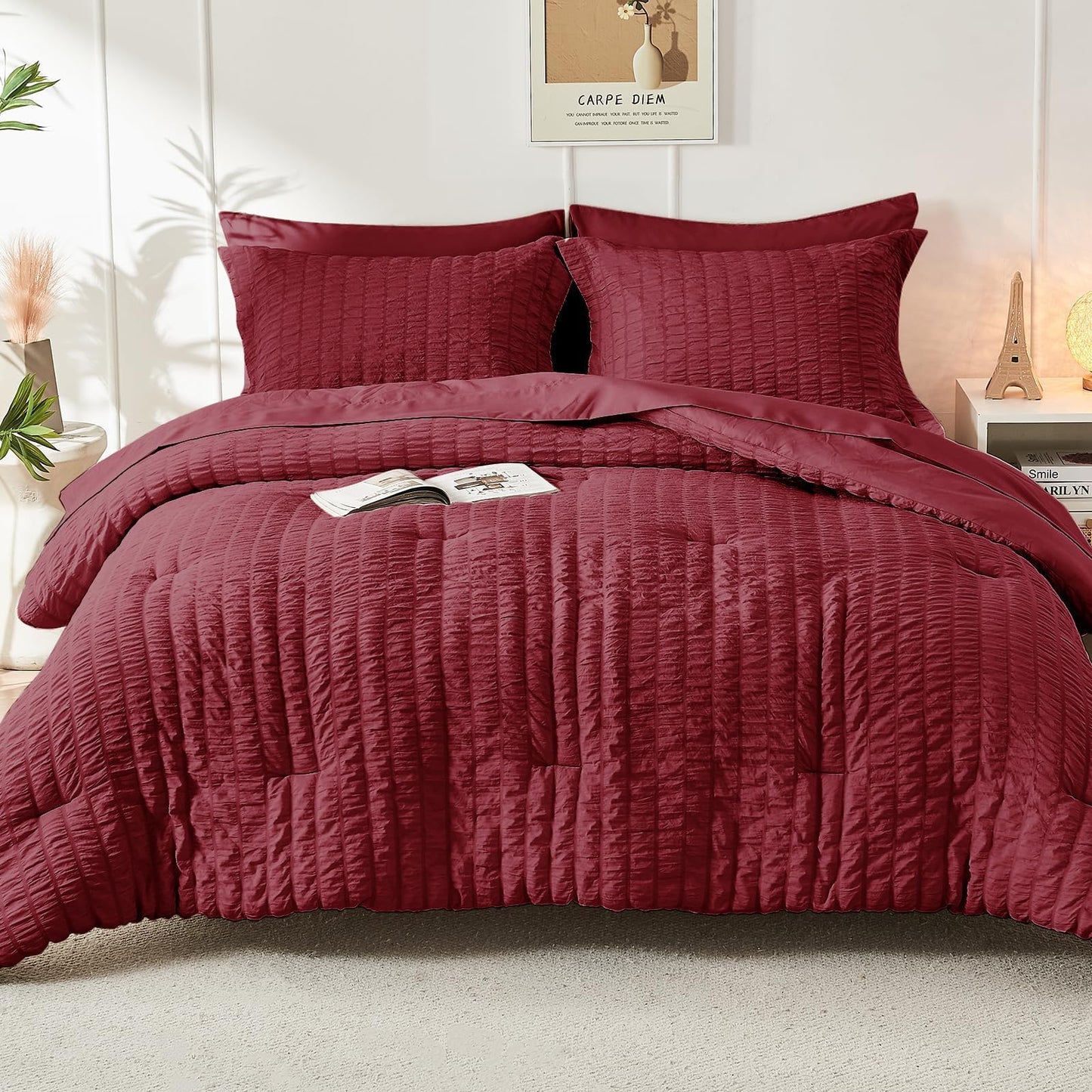 HYMOKEGE Burgundy Oversized Queen Comforter Set Seersucker 7 Pieces, All Season Luxury Bed in a Bag for Bedroom, Bedding Set with Comforter, Sheets, Pillowcases & Shams