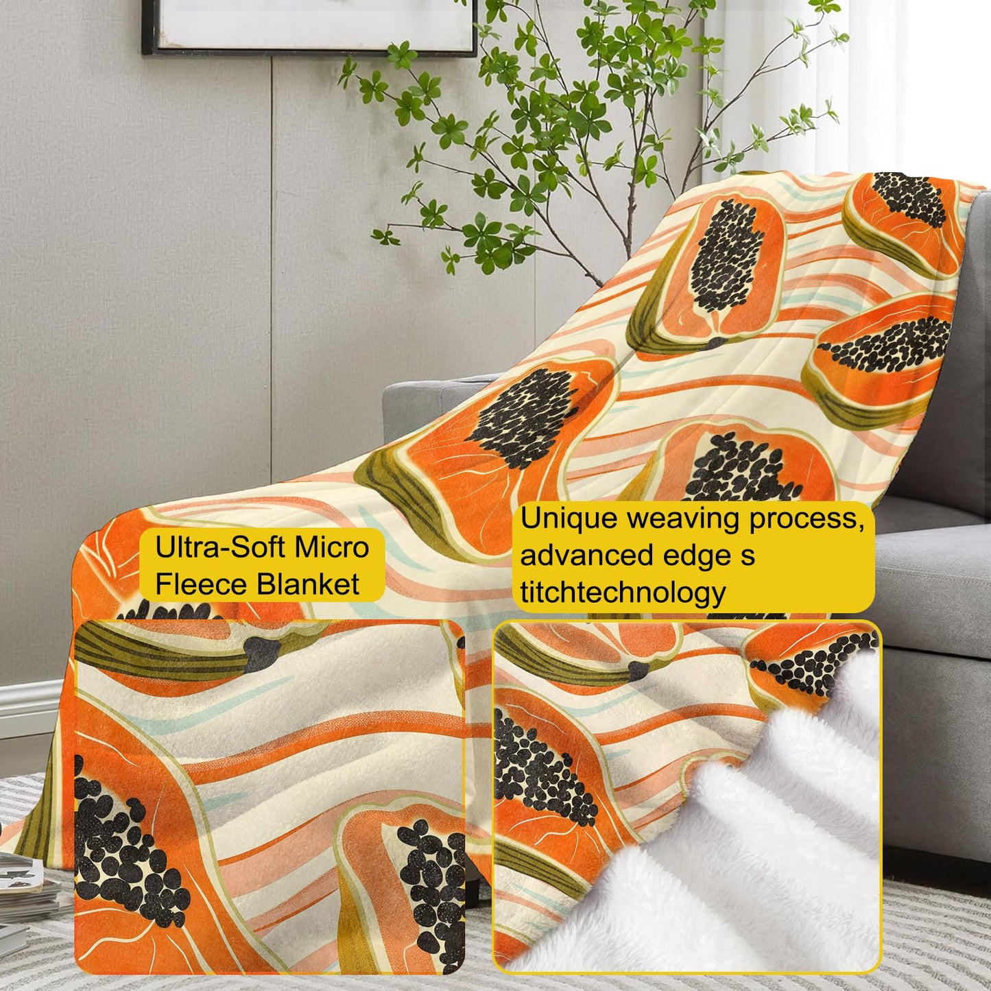 VANZEV Papaya Throw Blanket Gifts for Women, Tropical Fruit Blankets for Living Room Home Decor, Cozy Flannel Papaya Plush Throws 50"x60"