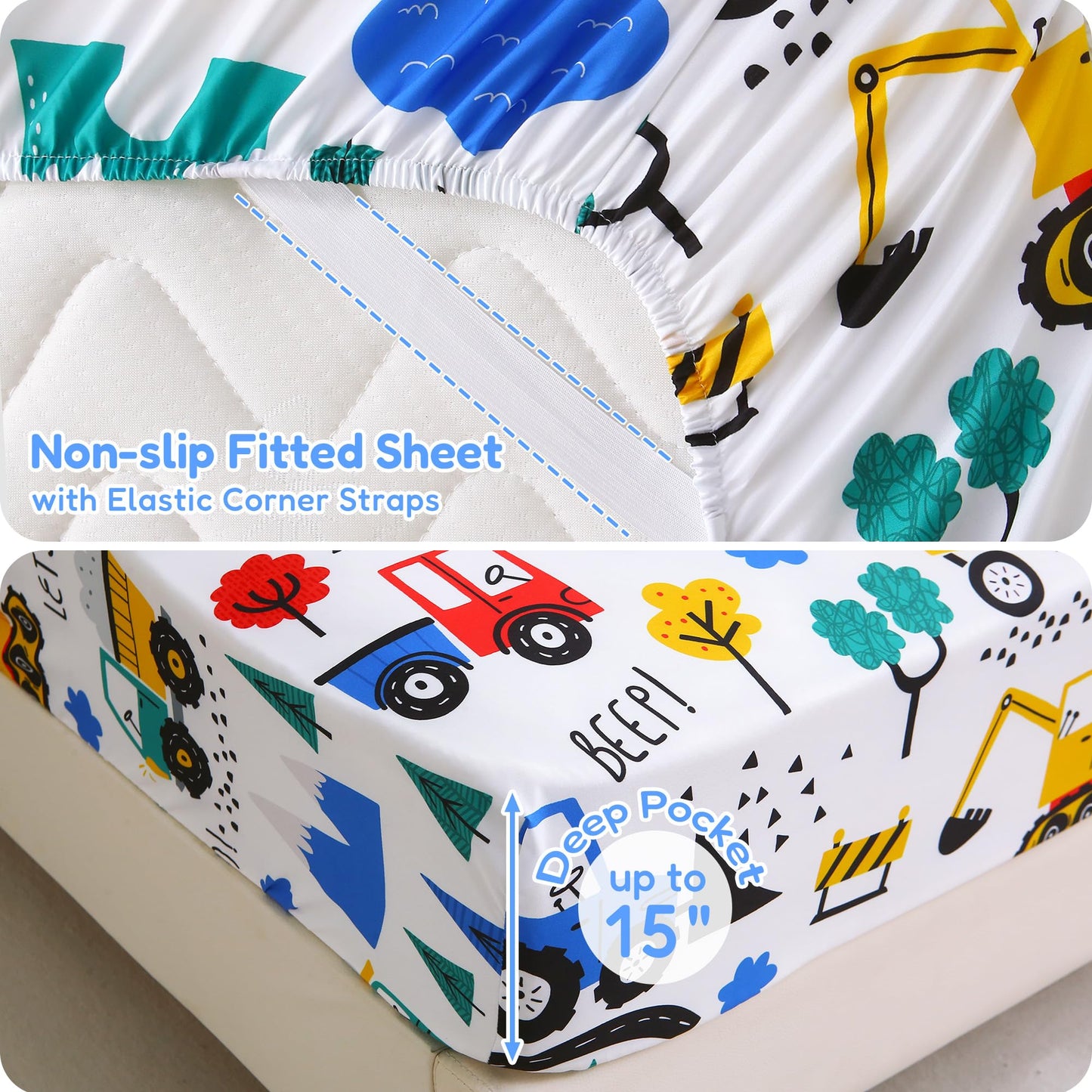Softan Kids Twin Sheets Set, 3 Piece Construction Truck Bedding Set for Boys, Soft Breathable Microfiber with 15" Deep Pocket, Fitted Flat Sheet & Pillowcase