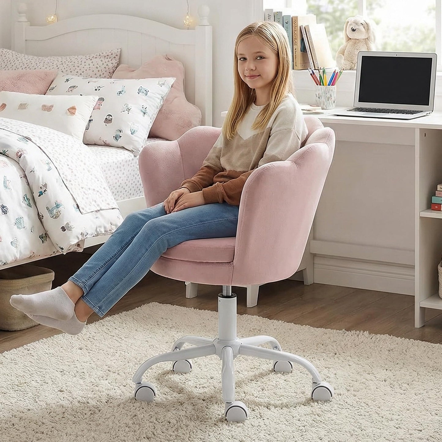 chairus Cute Kids Desk Chair Velvet Living Room Accent Armchair Upholstered Teens Vanity Chair with Seashell Back, Adjustable Swivel Children Study Chair for Computer Homework, Pink