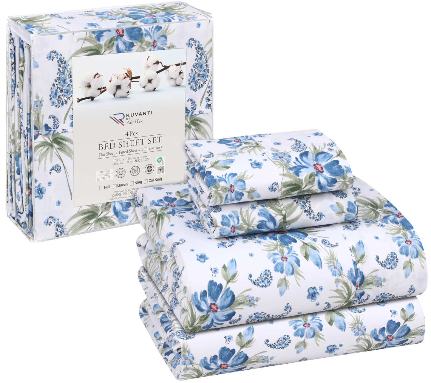 RUVANTI 100% Cotton Sheets Queen Size Set, 4 Pieces, Soft & Breathable Percale Weave Bedding, Deep Pocket 16", Hotel Standard, Crisp Cool Feeling, Durable, Perfect Floral Bed Sheet, Paislyona