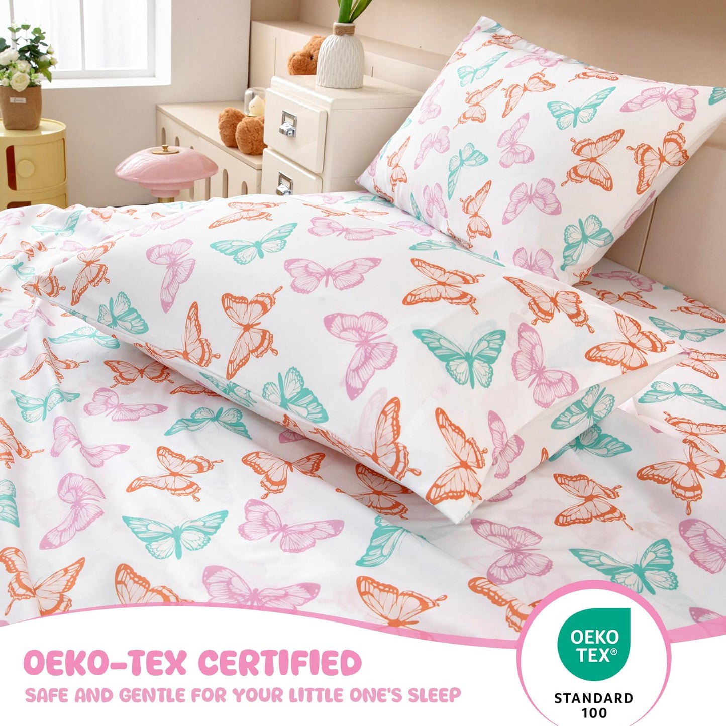 MICORAL Kids Twin Sheet Set Butterfly, 3 Pieces Sheets for Boys & Girls, Soft Printed Microfiber Bed Sheets, Deep Pocket Cozy Toddler Bedding Set