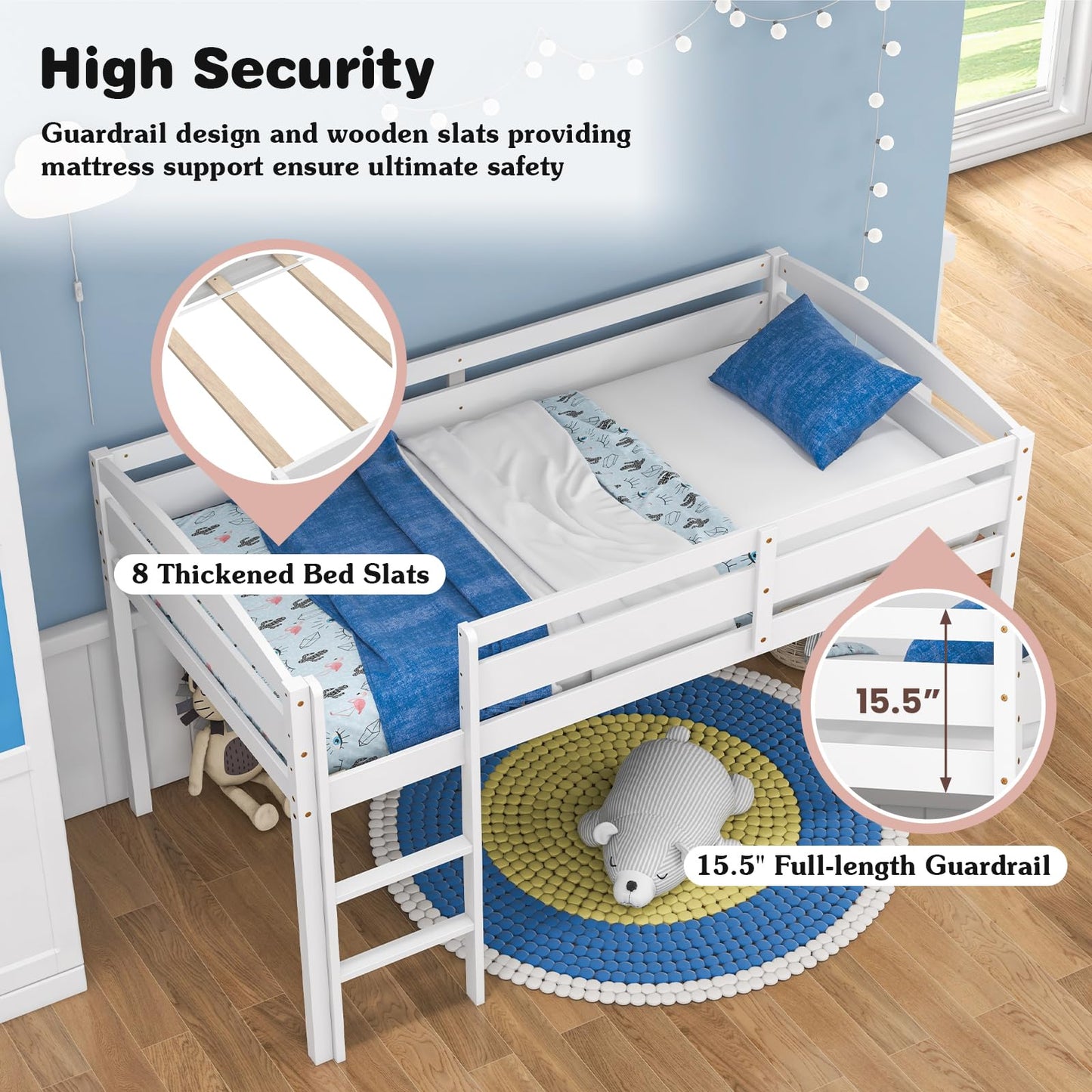 Giantex Twin Loft Bed with Ladder, Wood Low Profile Loft Bed with 30" Clearance & Safety Guard Rails, Space-Saving Loft Bed Frame for Kids Teens Junior, No Box Spring Needed, Kids Bed Frame, White