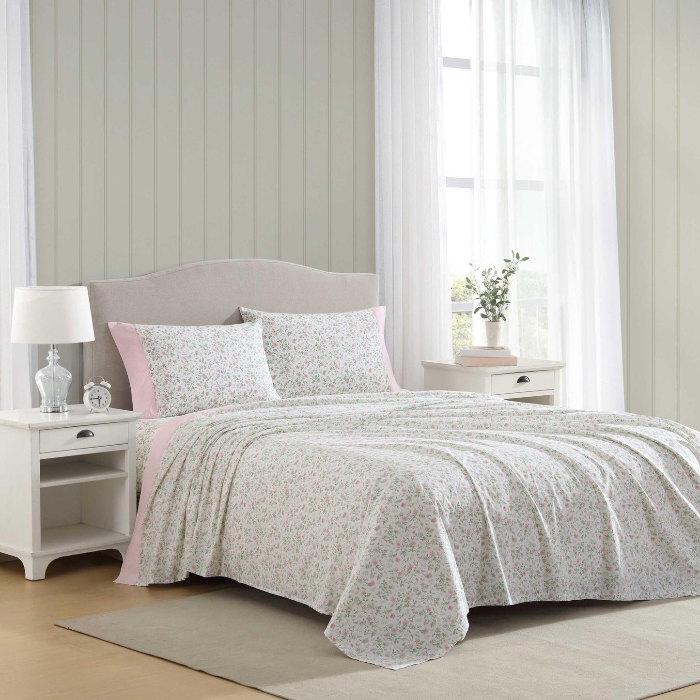 Laura Ashley – Twin Size Sheet Set, Crisp & Lightweight Cotton Percale Bedding with Fitted Sheet and Pillowcase, Floral Room Decor, Deep Pocket, College Dorm Room Essentials (Bonnie Pink)