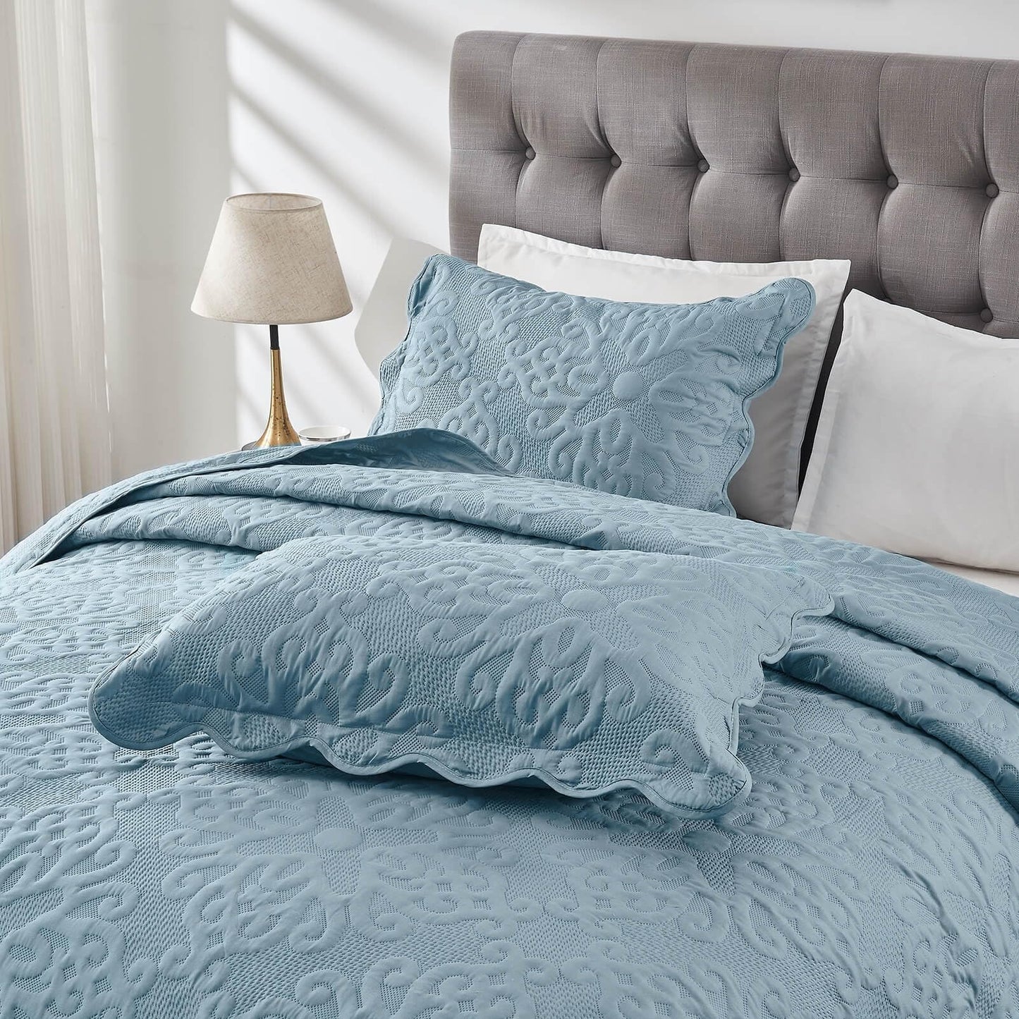 Oversized King Bedspreads 128x120 Extra Wide Quilt for Tall King California King Bed Lightweight 3 Piece Quilted Coverlet Pillow Shams Set Spa Blue