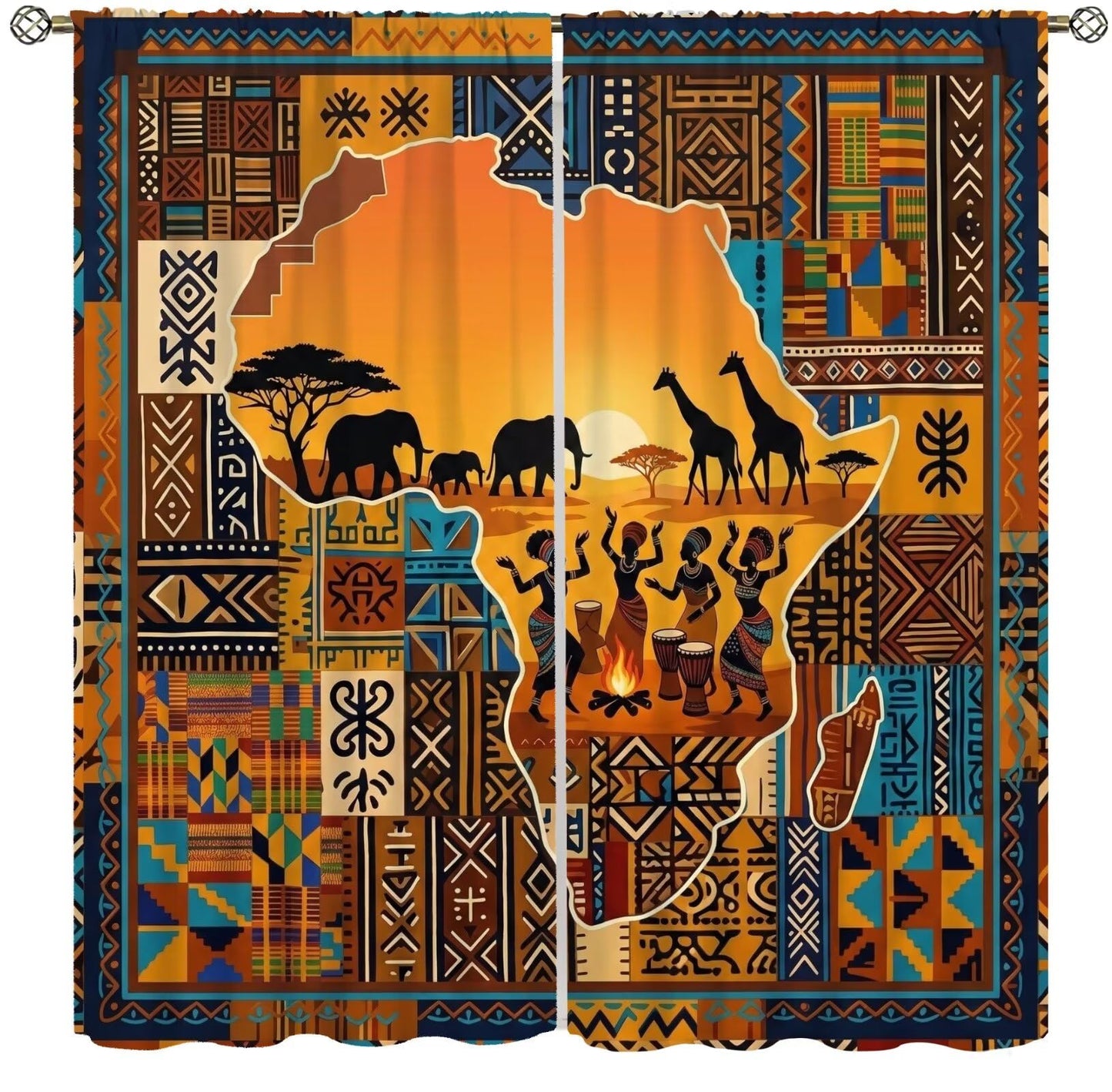 PHTAYOT African Curtains Abstract Aztec Tribal Map of Africa Boho Kuba Ethnic Style Pattern Blackout Window Treatments for Bedroom Living Room Rod Pocket Drapes 2 Panel Set,52x84Inch
