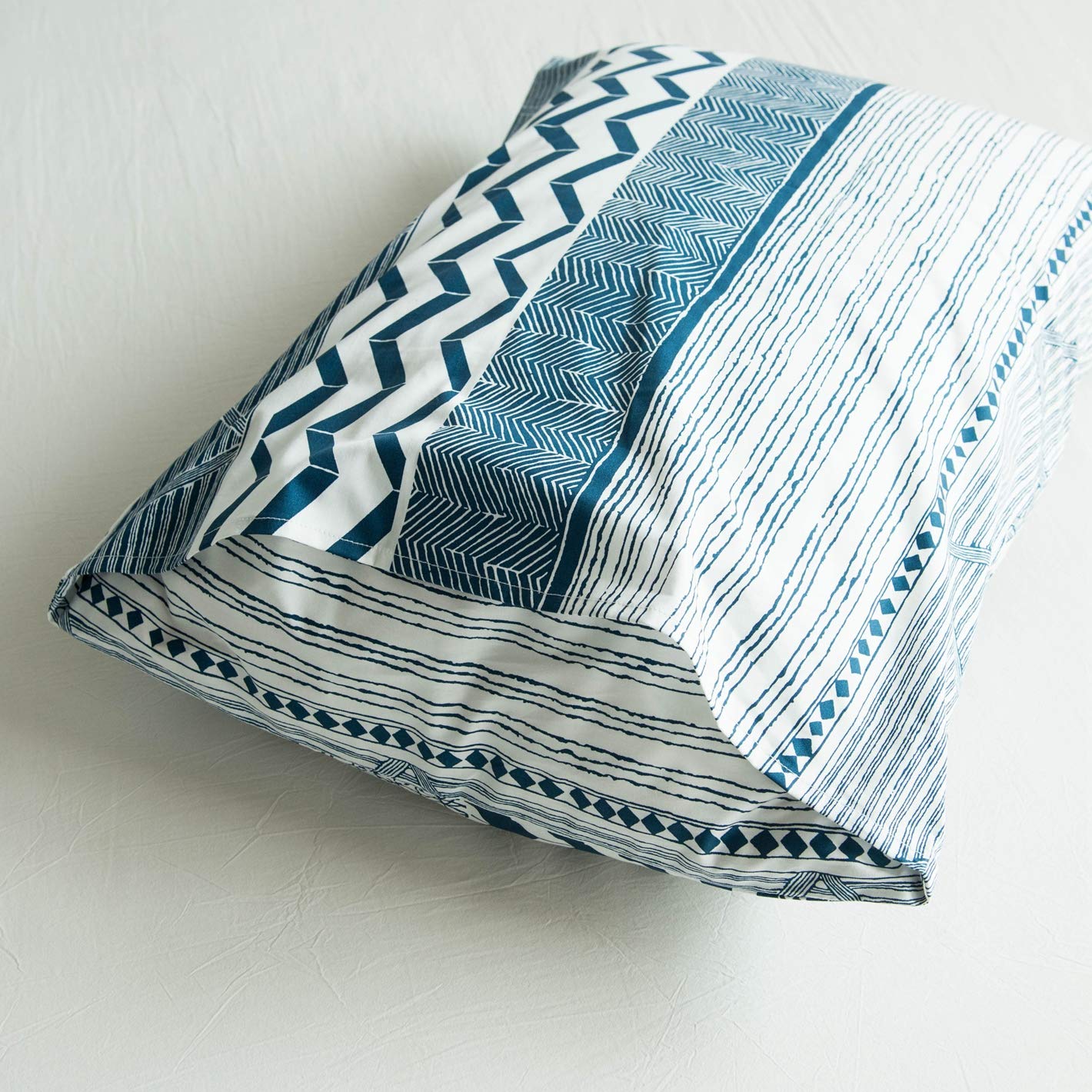 SUSYBAO Blue White Boho Duvet Cover Queen 100% Cotton Teal Bohemian Duvet Cover 3 Pieces Set 1 Vintage Aztec Patterned Duvet Cover with Zipper Ties 2 Pillowcases Soft Striped Bedding Set