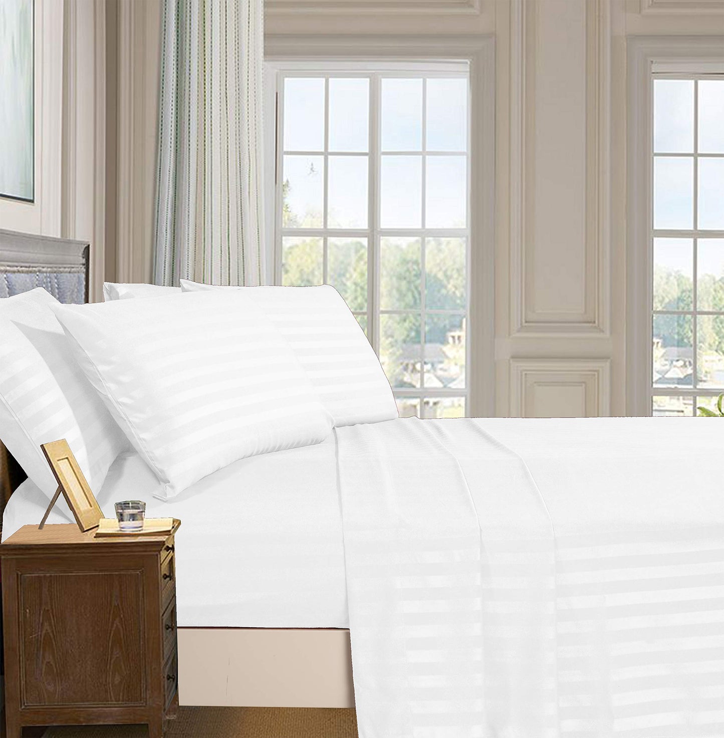 Elegant Comfort Best, Softest, Coziest 6-Piece Sheet Sets! - 1500 Premier Hotel Quality Luxurious Wrinkle Resistant 6-Piece Damask Stripe Bed Sheet Set, California King White
